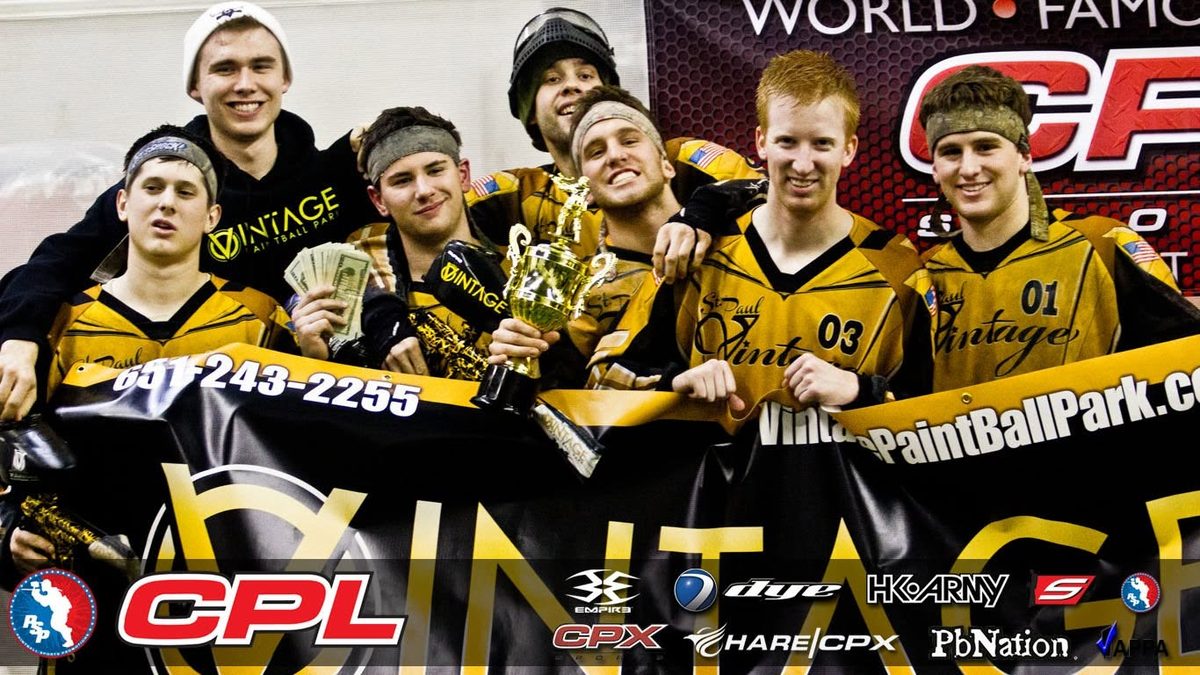 Tony and St. Paul Vintage with the first-place trophy at a Central Paintball League event, February 2013.