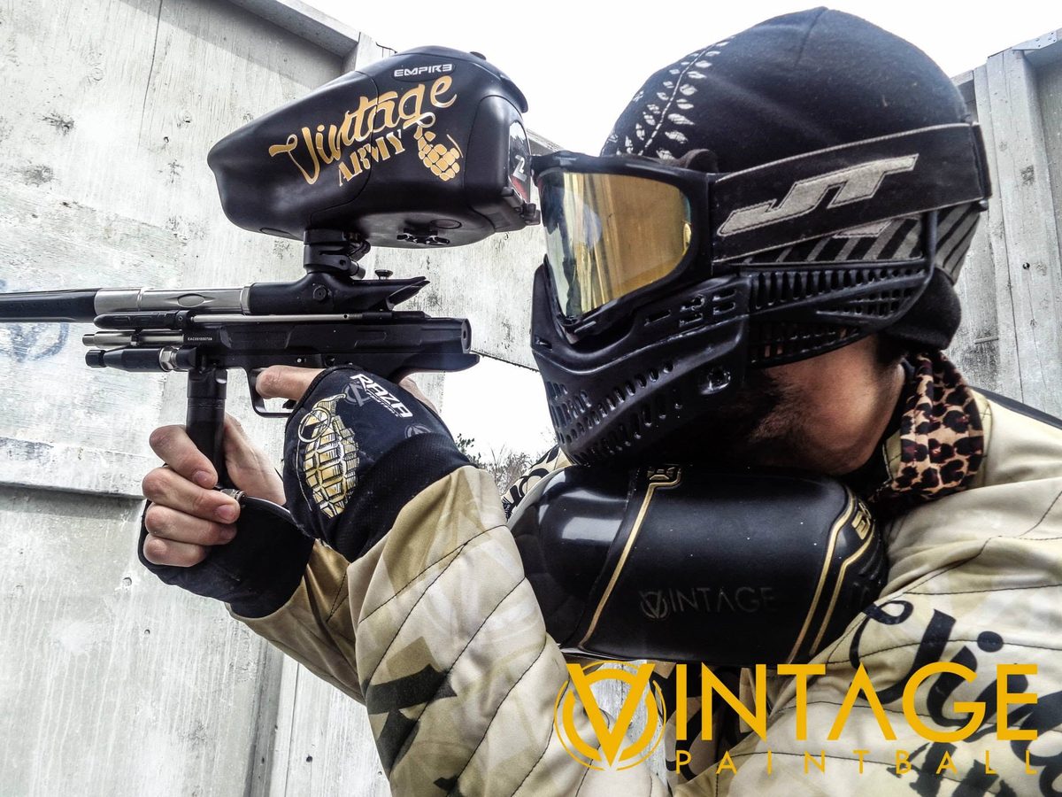 Tony sights in behind his Vintage Army hopper along a concrete wall at the park, April 2015.