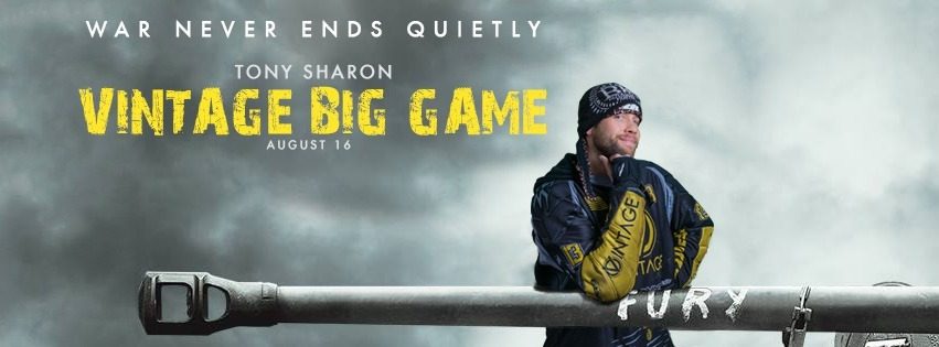 The 2015 Vintage Big Game banner, billed under Tony's name, with Tony on the tank barrel.