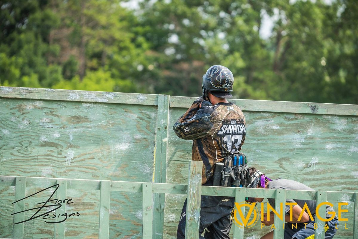 Tony, his name and 13 across his back, keeps watch from the green plywood tower at the 2014 Vintage Big Game.