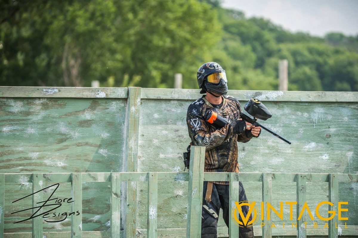 Tony stands watch on the green plywood fort in his camo kit at the 2014 Vintage Big Game.