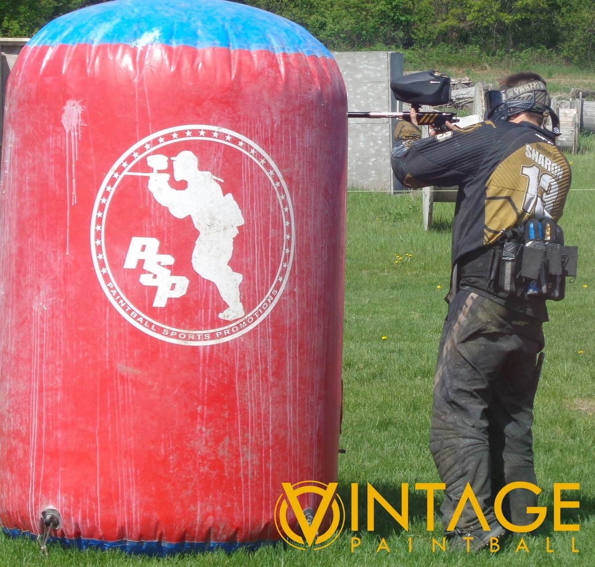 Tony, SHARON 13 on his back, takes aim past a PSP inflatable at the park, May 2014.