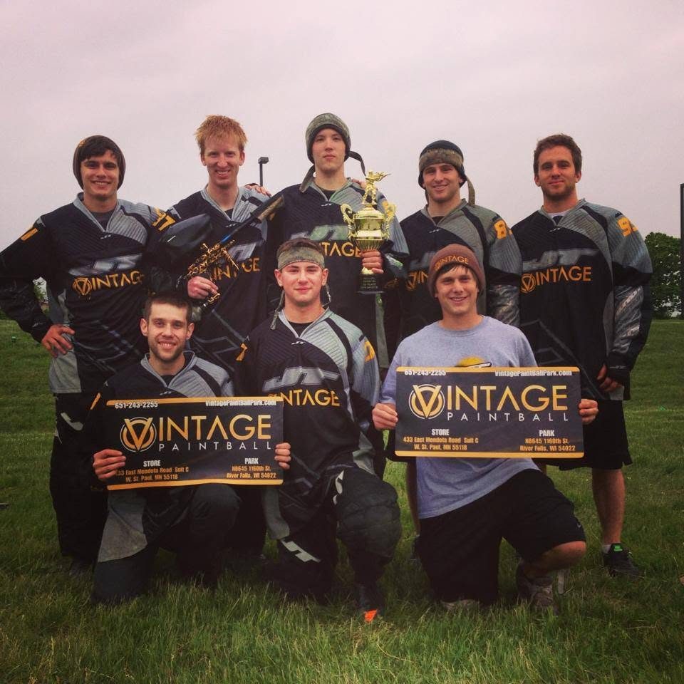 Tony with Team Vintage and the first-place trophy from the third 2013 Central Paintball League event.